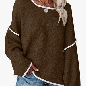 Oversized Cozy Brown Sweater with White Trim.